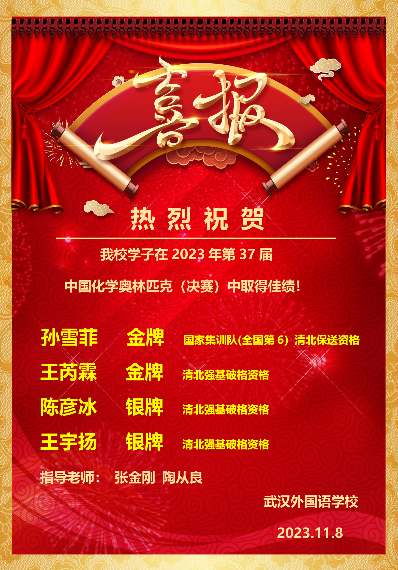 喜报我校学子在2023年第37届中国化学奥林匹克决赛中取得佳绩